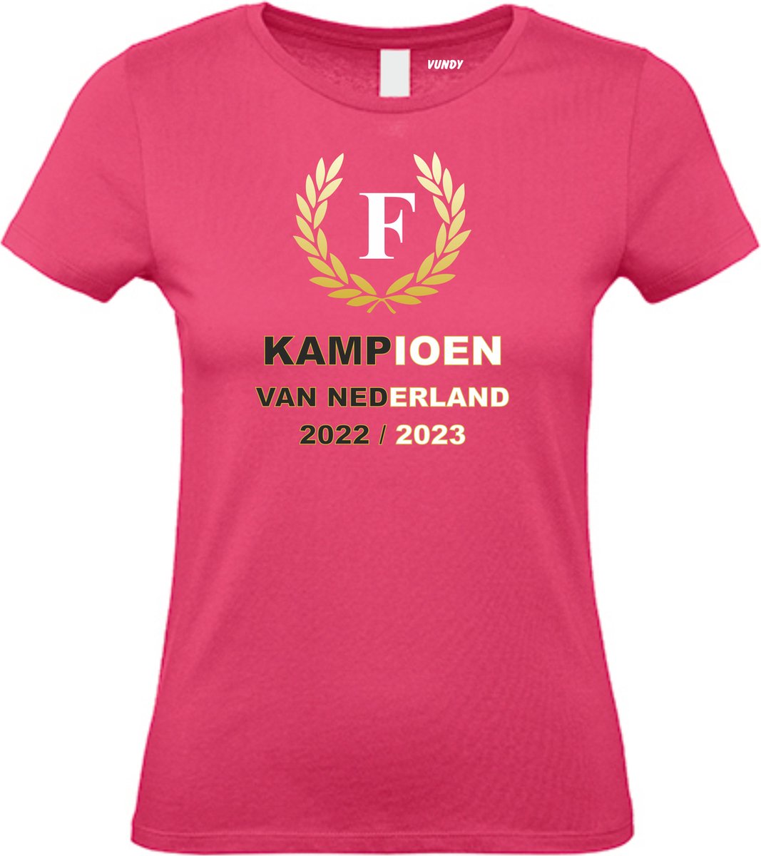 Dames T-shirt Krans Kampioen 2022-2023 | Feyenoord Supporter | Shirt Kampioen | Kampioensshirt | Roze | maat XL